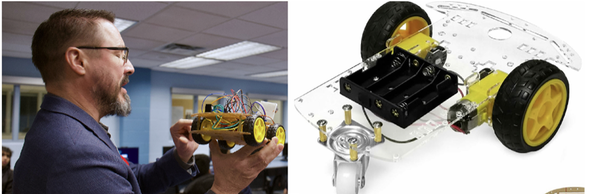 Students assembling a robot car kit